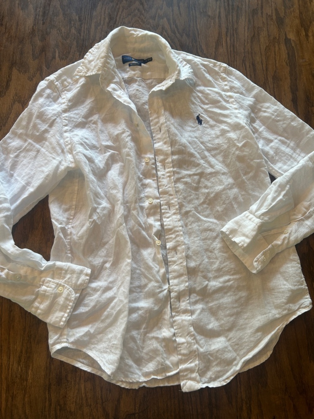 Polo by Ralph Lauren White Button-Down Linen Shirt with Navy Logo